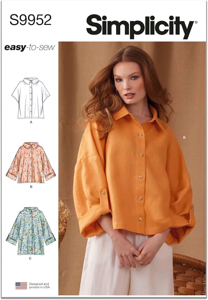 Simplicity S9952 Women's Oversized Shirt Sewing Pattern, Button-Front Shirts in Two Lengths with Collar Options, Sizes S-XXL