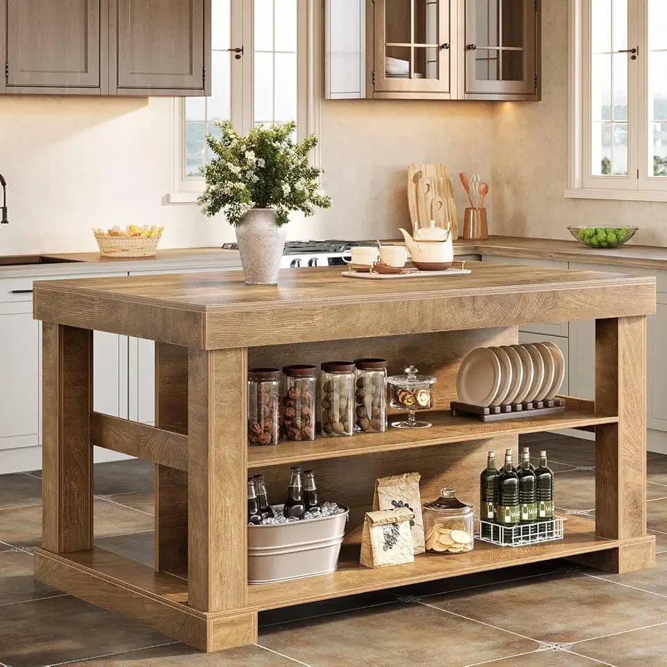 Tribesigns 55" Kitchen Island with Seating and Storage, 3-Tier, Farmhouse