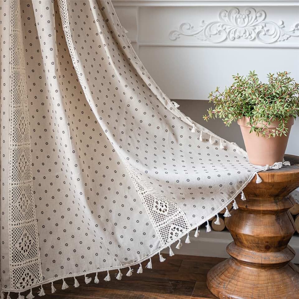 Deeprove Boho Curtains for Bedroom, Beige Hollow Crochet Stripes Taupe Florals Print Cotton Linen Fabric Patchwork, Bohemian Tassel Semi-Blackout Window Farmhouse Drape 1 Panel, W59 x L84