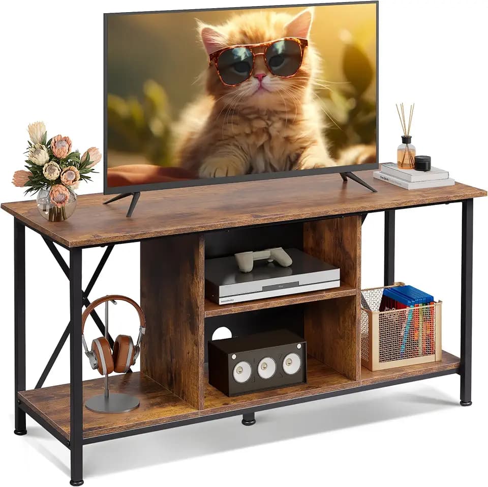 WLIVE Industrial TV Stand for up to 45 inch TV, Heavy-Duty Metal Frame Entertainment Center, Compact Media Console with Adjustable Shelf & Cable Management for Small Spaces, Living Room, Rustic Brown