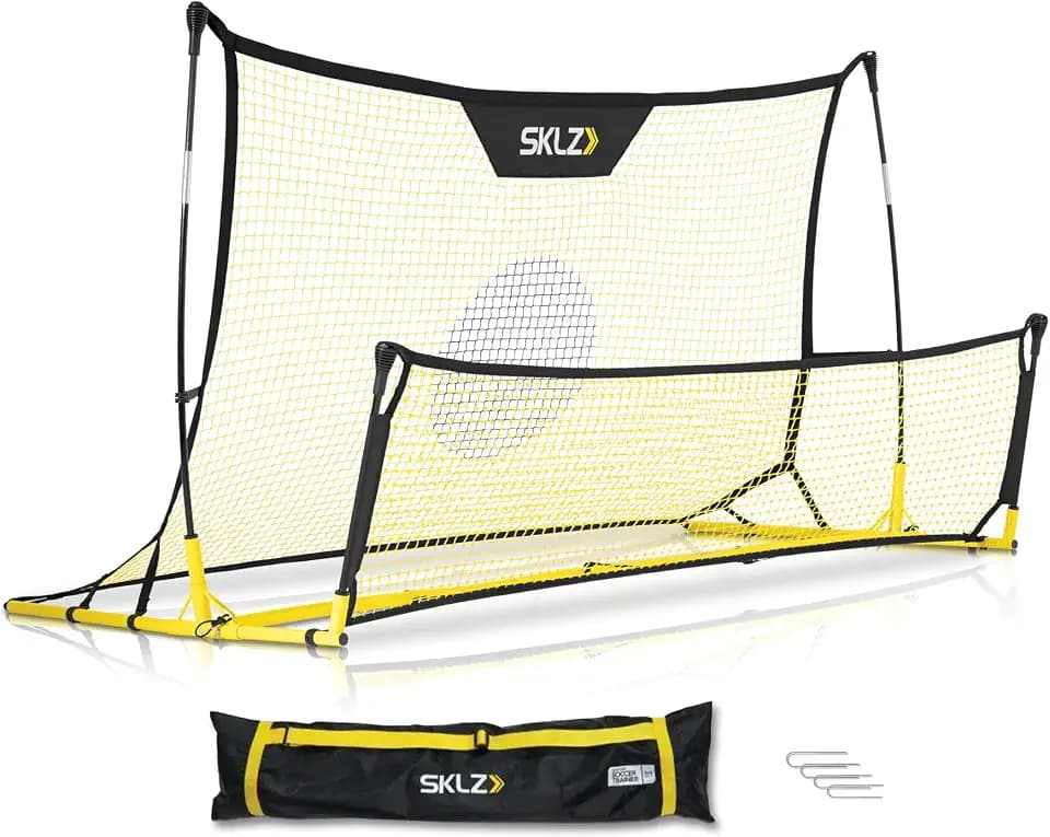 SKLZ Quickster Soccer Trainer - Dual-Sided Rebounder for Solo Passing, Receiving, Trapping Practice - Large & Small Rebound Net - Weather Resistant - Adjustable Frame, Metal Stakes & Carry Bag