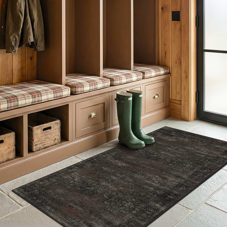 Black 2x5 Washable Entryway Runner Rug, Non Slip Hallway Rug for Laundry Room, Bathroom & Bedroom, Dark Charcoal Low Pile Stain Resistant Indoor Rug