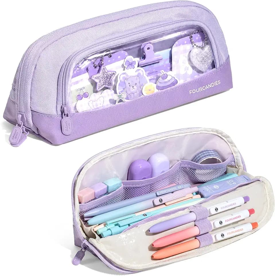 Four Candies Cute Pencil Case, Magnetic Design Large Pencil Pouch Purple