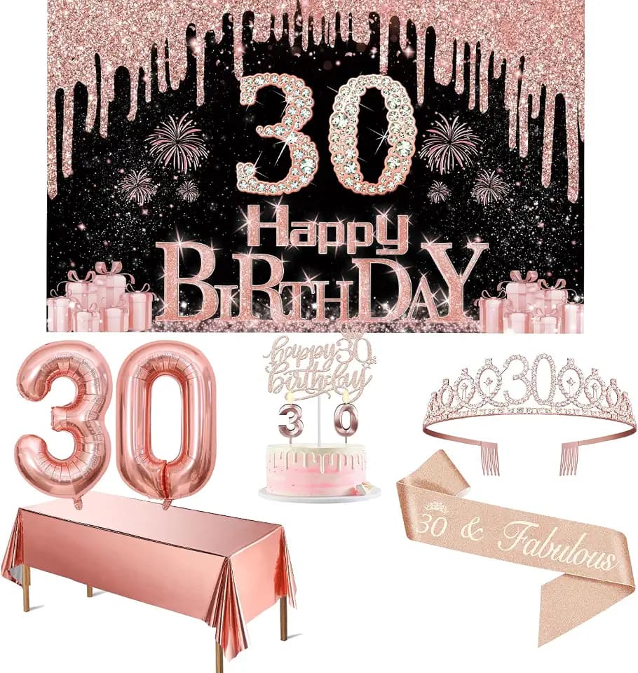 30th Birthday Decorations for Her with Banner, Rose Gold Tablecloth, Number Balloons, 30th Birthday Sash and Tiara, Cake Topper and Candles