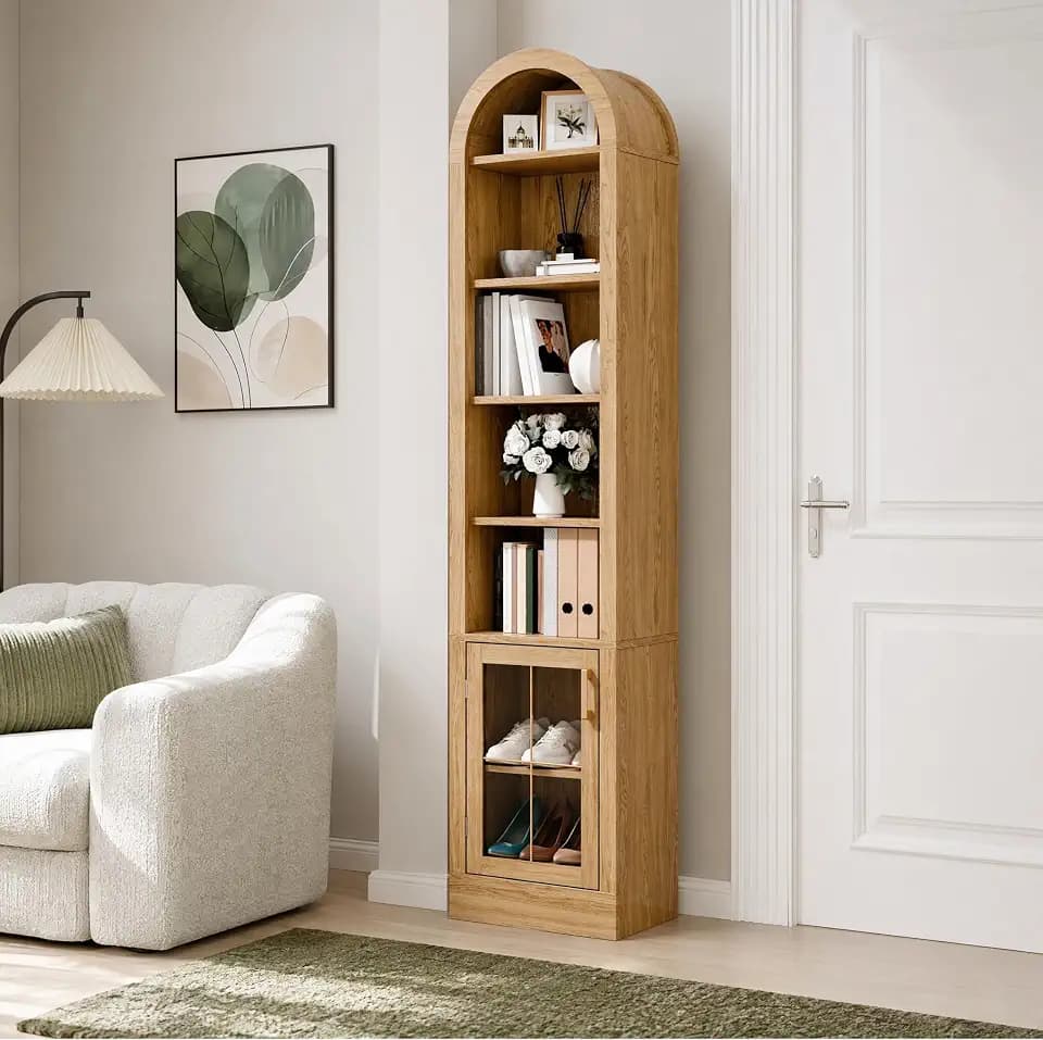 71'' Tall Arched Bookshelf, 6-Tier Narrow Bookcase with Open Adjustable Shelves & Glass Door, Corner Display Cabinet Shelves for Small Space, Living Room, Office, Entryway, Walnut