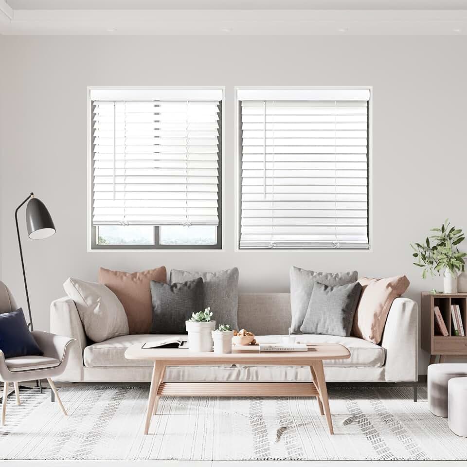 DEZ FURNISHINGS Cordless 2" Signature Smooth Faux Wood Blind, 29.5" W x 48" H, Smooth White