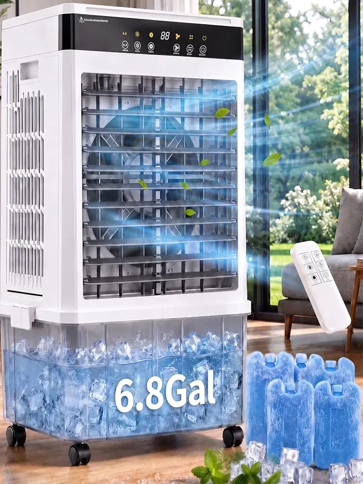 Uthfy Portable Air Conditioners, 3000CFM Swamp Cooler with 6.8Gal Detachable Water Tank, Evaporative Air Cooler 3-Sided Cooling Pad 120°Oscillation 4 Mode 12H Timer, Cooling Fan for Garage