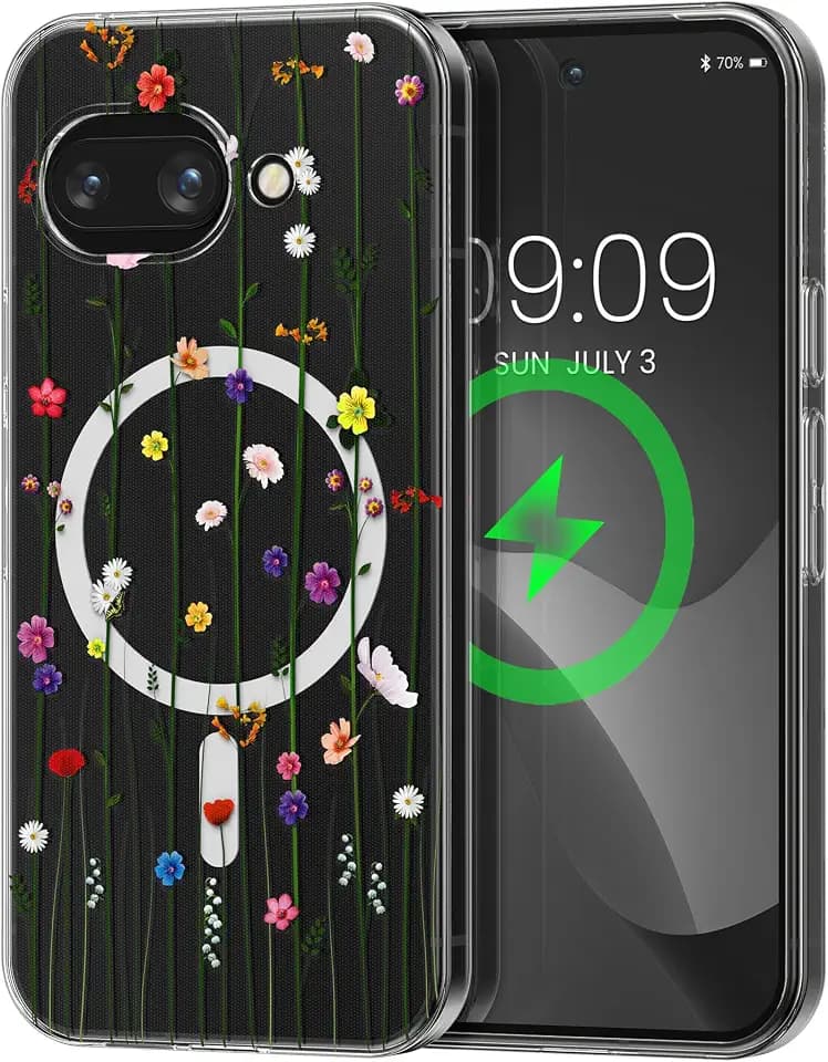kwmobile kristallklares Hardcase kompatibel mit Google Pixel 9a Hülle - kompatibel mit MagSafe - Acryl-Hülle mit TPU Case - Wildblumen Ranke