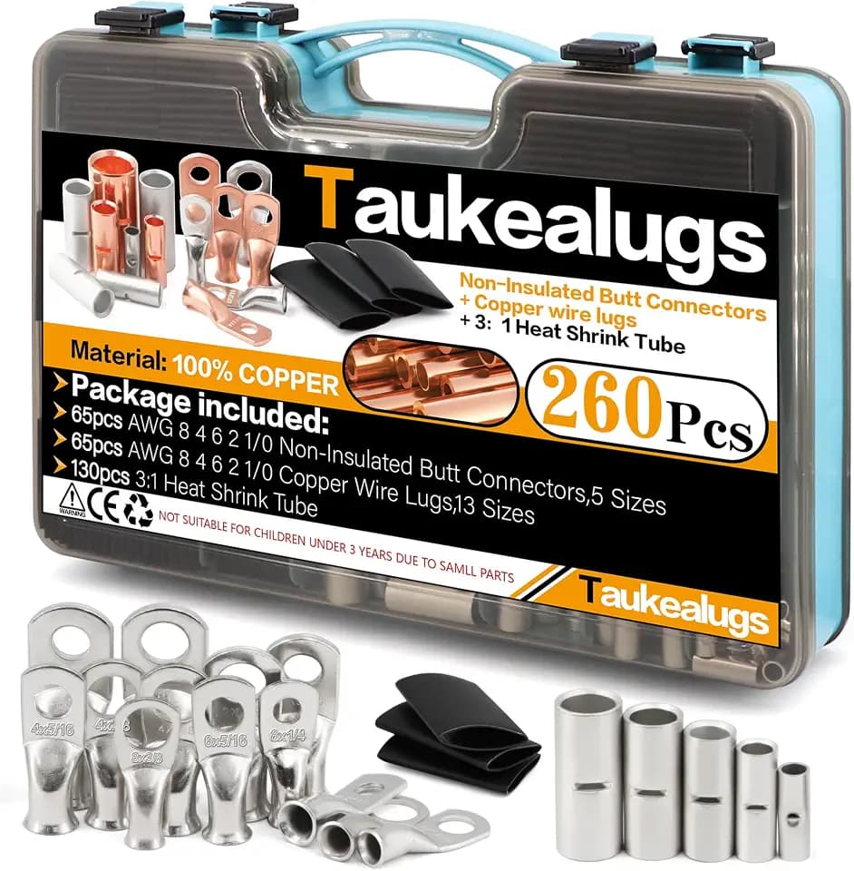 130Pcs Battery Ring Terminals Crimp Connector AWG8 4 6 2 1/0 Gauge Tinned Non Insulated Copper Lugs Cable Wire Ends Assortment, 130pcs 3:1 Heat Shrink Tube kit in Two-Side Box