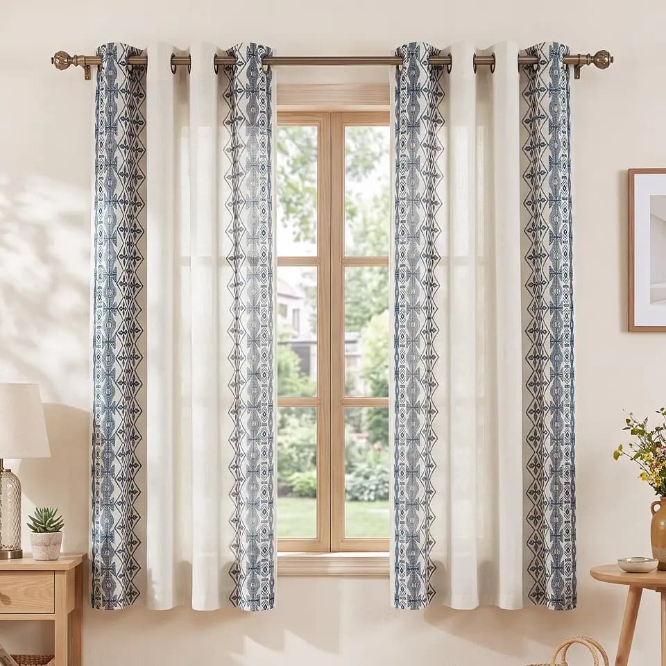 NICETOWN Short Floral Curtains Navy Blue Embroidery Trim