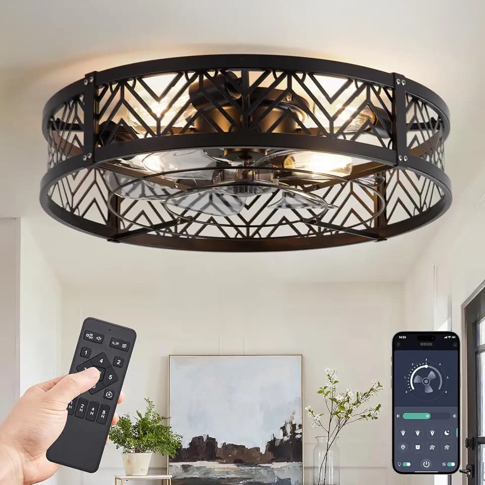 LEDIARY 23" Caged Ceiling Fan with Light and Remote, Large Fandalier, Black
