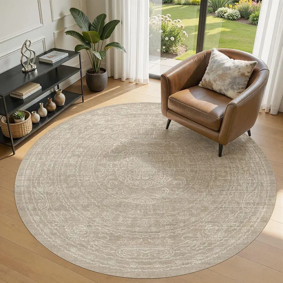 Nakagishi Neutral 6x6 Round Area Rugs Living Room Washable Rug, Brown