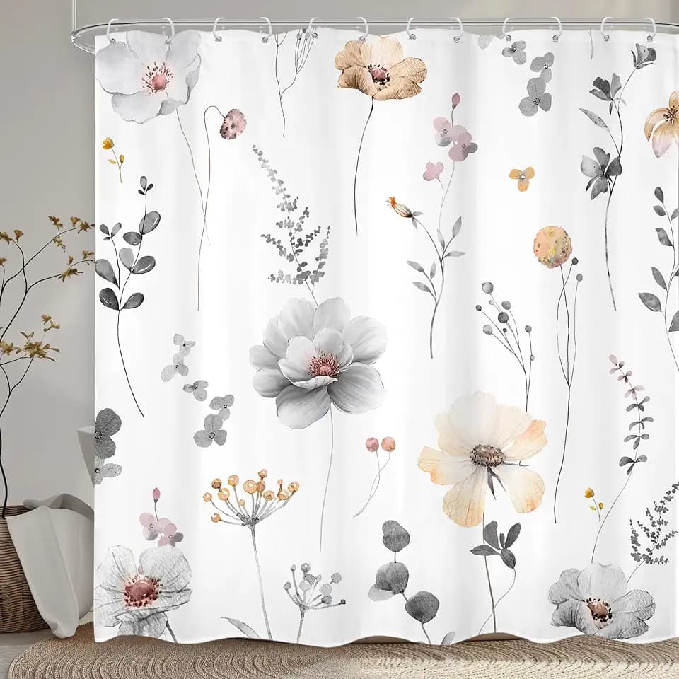 Watercolor Floral Shower Curtain Set Spring Gray Flower Boho Bathroom Decor