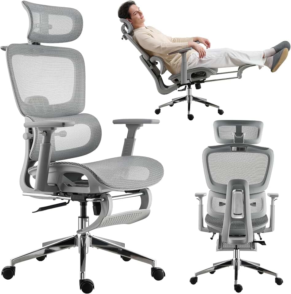 Mesh Ergonomic Office Chair with Footrest, Grey
