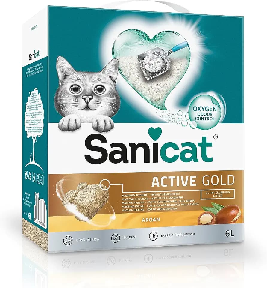 Sanicat – Klumpstreu Active Gold mit Arganduft | Hergestellt aus natürlichen Mineralien mit garantierter Geruchsbindung | Absorbiert die Feuchtigkeit und erleichtert die Reinigung | Packungsgröße 6 l