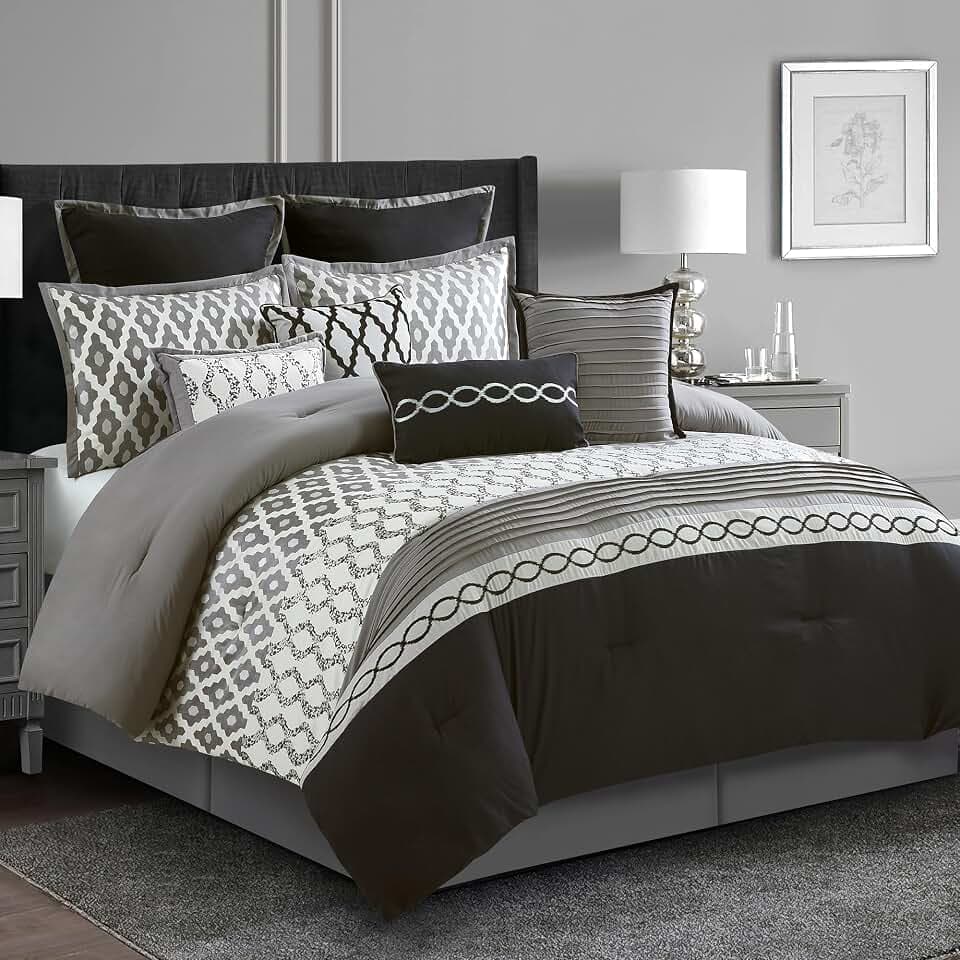 LANCO MODERN LIFESTYLE King Size Comforter Set, Black, 10 Piece Bed in a Bag for All Seasons, Luxury Extreme Comfort Bedding Sets with Bedskirt, Pillow Shams, Euro Shams and Decor Pillows