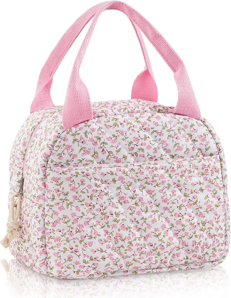 Lunch Bag for Women Insulated Cotton Quilted Lunch Box Reusable Cooler Bag Portable Cute Floral Leakproof Tote Bags for Travel, Work, and Picnic, Pink Flower