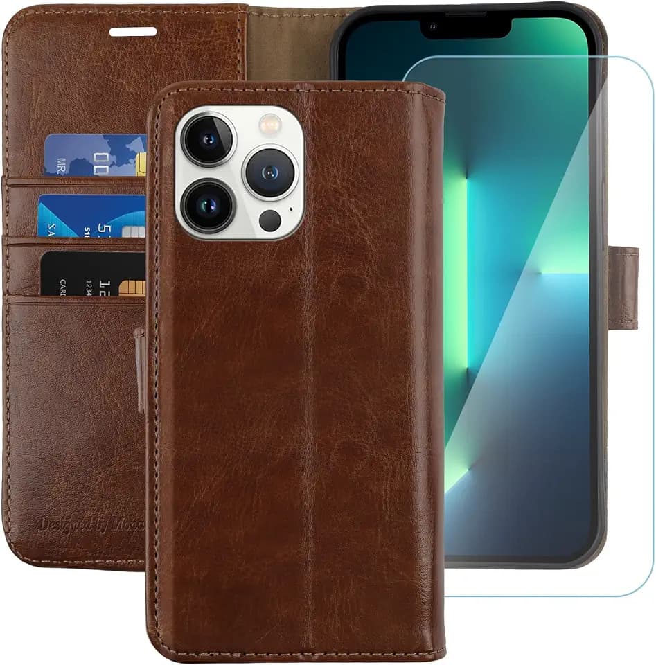 MONASAY Schutzhülle aus PU-Leder für iPhone 13 Pro 5G 6,1 Zoll, RFID-blockierend, Klapphülle mit Kartenhalter, integrierter Glas-Displayschutz, Braun