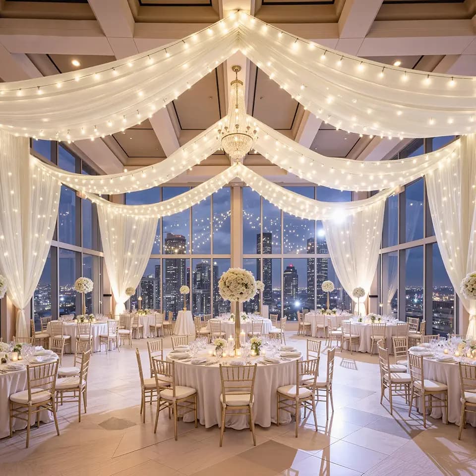 6 Panels Beige Ceiling Curtains with Lights for Weddings - 5ftx20ft Wrinkle-Free Tulle Fabric Wedding Arch Draping Ceiling Drapes Decorations for Wedding Party Ceremony Stage Tent Event