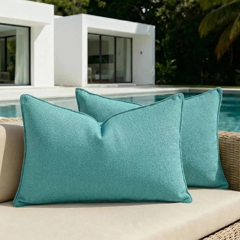 Fancy Homi Pack of 2 Water Resistant Lumbar Soft Chenille Decorative Outdoor Throw Pillow Covers Solid Turquoise Summer Farmhouse Boho Patio Cushion Cases 14x24 inch for Balcony Tent Couch Sofa Bed