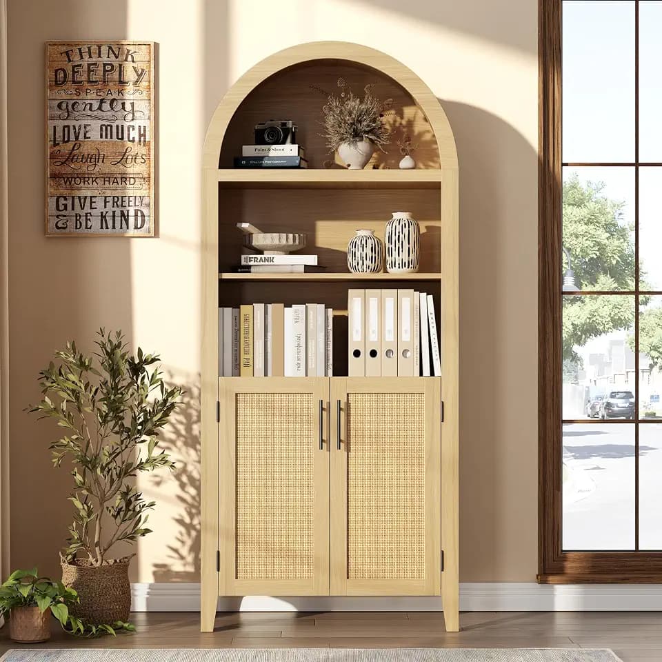 GarveeHome Arched Bookcase with Doors - 5 Tier Open Display Shelf with Rattan Decor, Modern Bookshelf Storage Cabinet for Home Office Living Room Library, Natural
