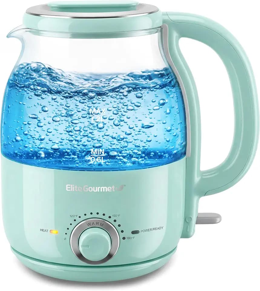 Elite Gourmet 1.2L Glass Kettle, 1200W Fast Boil, Temp Control, Mint