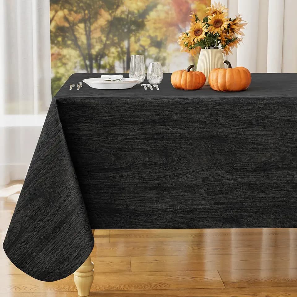 misaya Rectangle Waterproof Vinyl Table Cloth, Wipeable Tablecloth with Flannel Backing, Wooden Grain Plastic Table Cover for Dinner, Indoor and Outdoor (Black & Brown, 60" x 102")