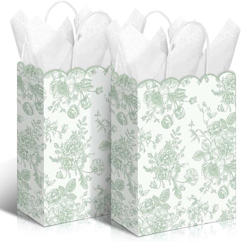 Kolldenn 24 Pcs Sage Green Floral Gift Bags with Handles