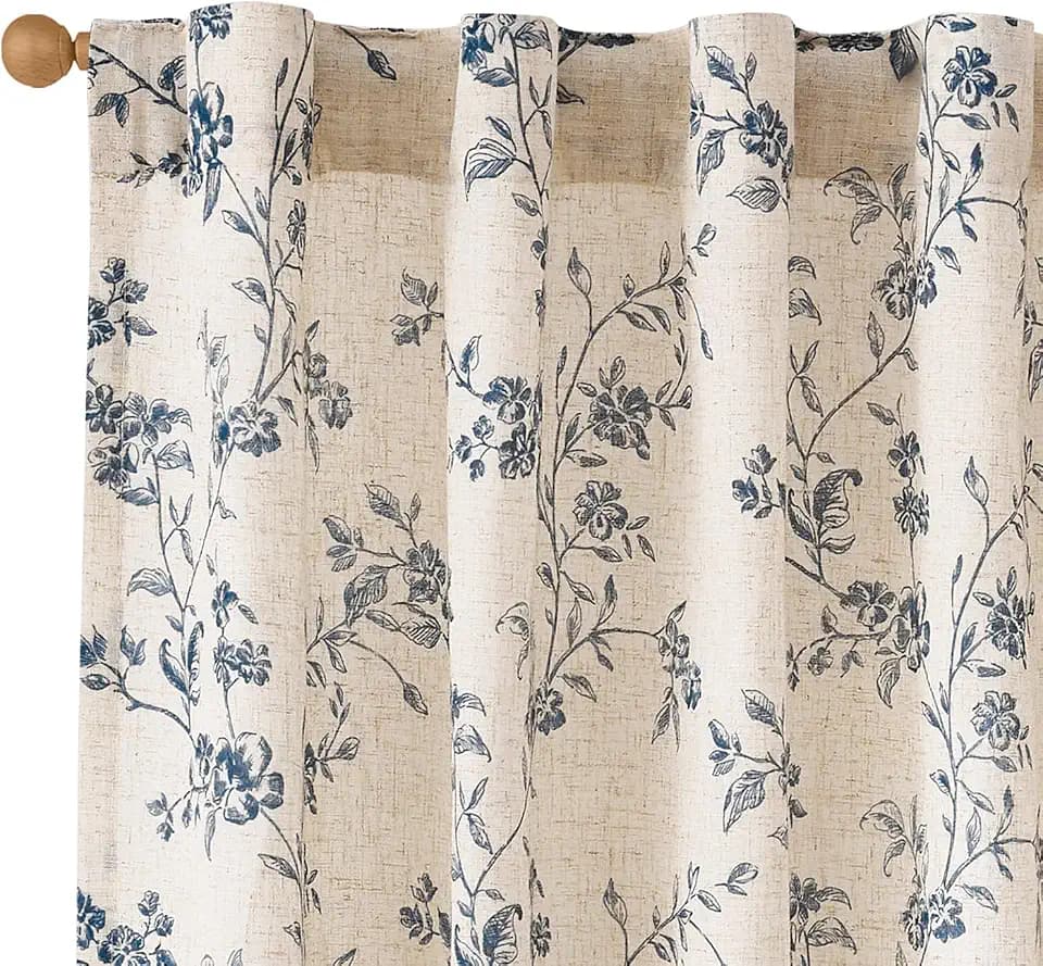 Lazzzy Blue Vintage Floral Linen Curtains Farmhouse 38W X 90L 2 Panels