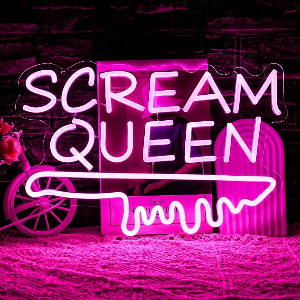 Scream Queen Neon Sign for Wall Decor Neon Knife Sign for Teen Girl Room Halloween Neon Light Sign Scream Decor Pink Letter Led Sign Room Dorm Art Wall Decor (16.5''*11'')