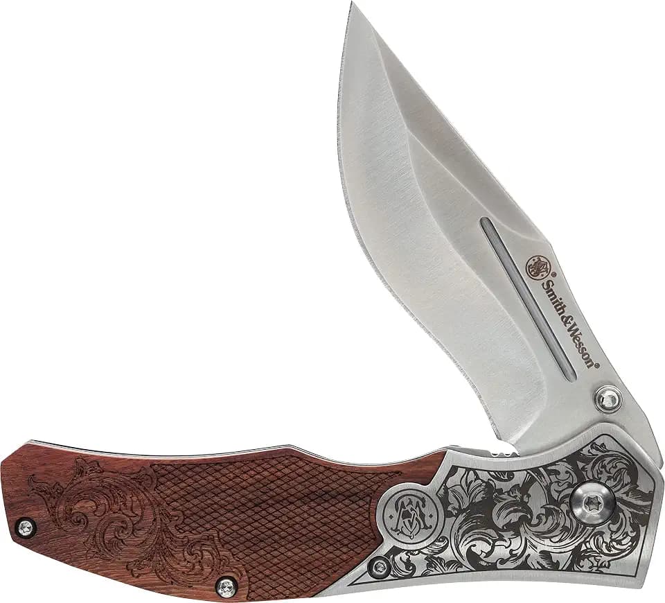 Smith & Wesson Accessories Smith & Wesson Unwavered Folder Featuring Engraved Rosewood Handle, Drop Point Blade