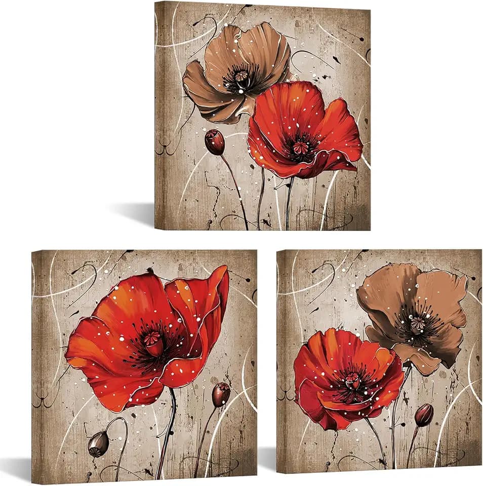 YeiLnm Brown Red Poppy Canvas Print Wall Art Floral Painting Bedroom Decor 12"x12"