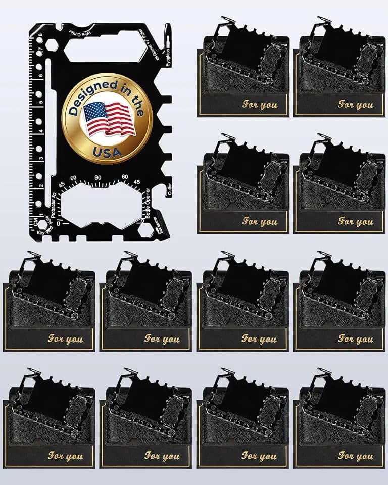 12 Pack 46 in 1 Credit Card Multitool, Titanium-Coated Stainless Steel Survival Pocket Tool with Leather Case & Card Sleeve, Bottle Opener Wallet Card Set, EDC Gift for Men Dad Husband (Black)