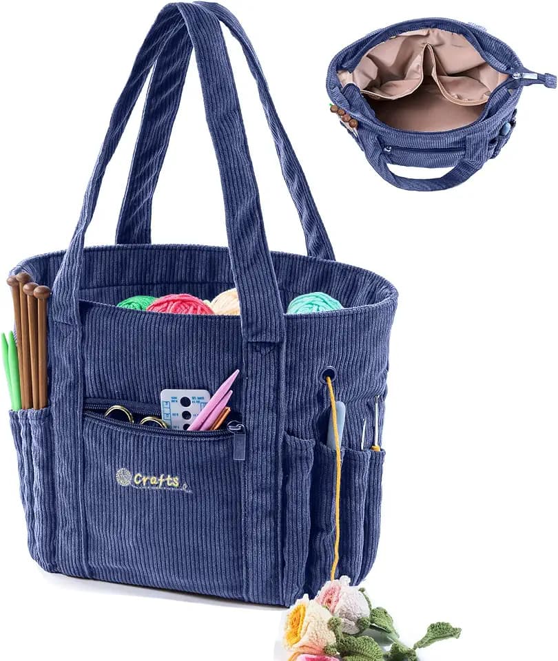 Large Yarn Tote Organizer – Corduroy Knitting Storage Holder for Yarn, Hooks & Accessories, Portable Craft Carryall for Crocheting Lovers, Mother’s Day Gift