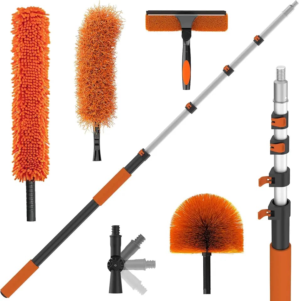 26FT High Reach Duster Kits with 5-20FT Extension Pole, Cobweb Duster with Telescoping Pole, Washable Ceiling Fan Cleaner & Window Squeegee for Glass Surfaces & High Roof