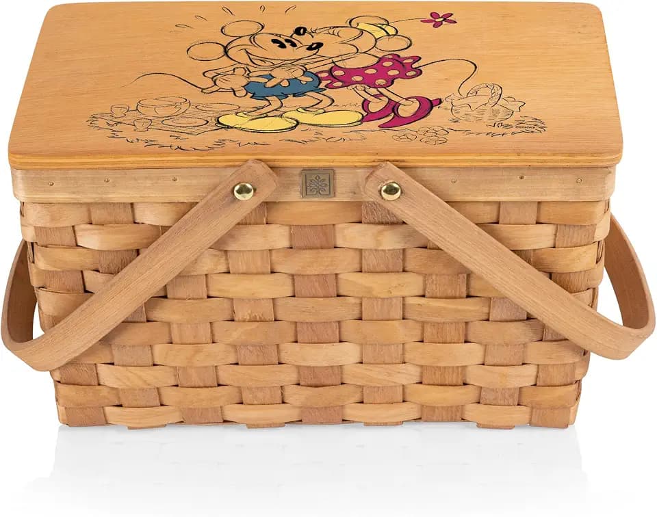 Picnic TIME Disney Mickey Mouse and Minnie Mouse Poppy Personal Picnic Basket, Handwoven Wicker Lunch Basket with Removable Insulated Cooler, Retro Lunch Box for Office Picnics and Concerts (Beige)