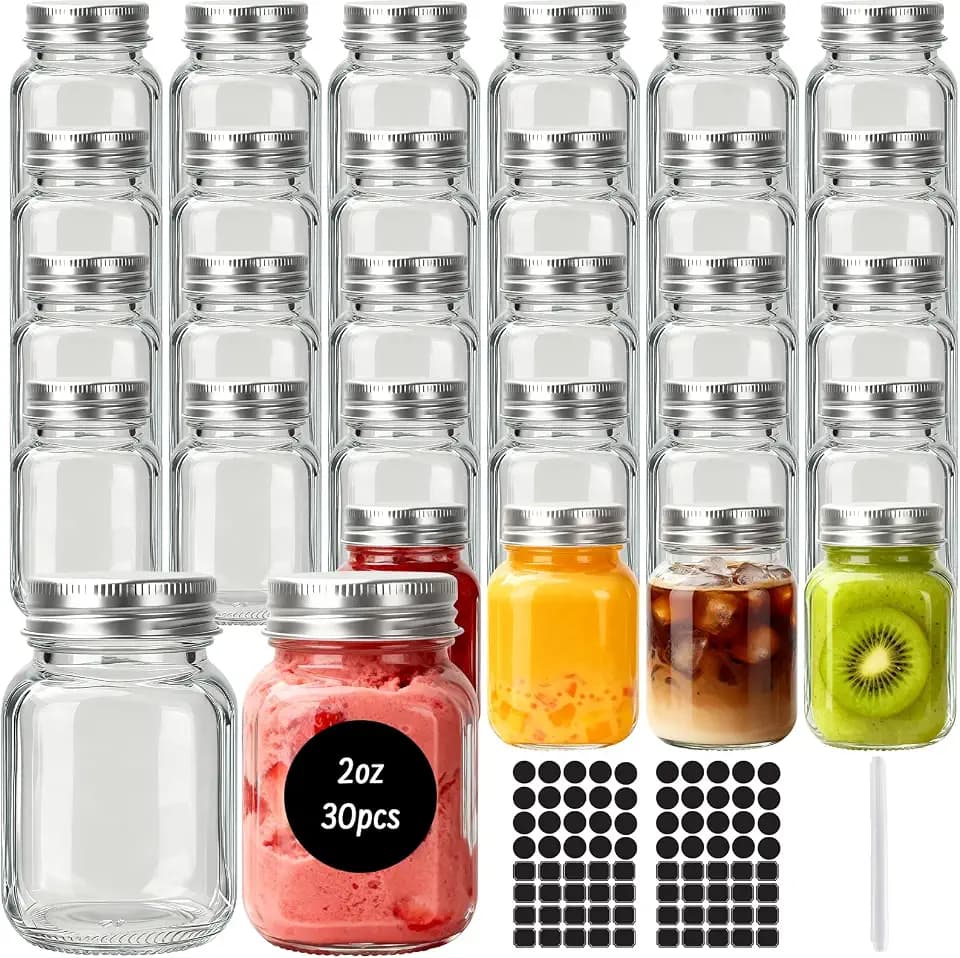 Betrome 30 Pack 2 oz Glass Mason Jars with Silver Lids, Mini Spice Jars
