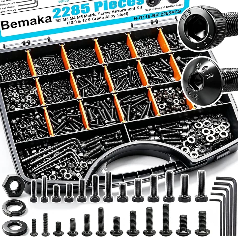 2285PCS M2 M3 M4 M5 Metric Screw Assortment Kit, Socket Head & Button Head Metric Screws and Nuts Set, 10.9 & 12.9 Grade Alloy Steel Machine Screws for 3D Printing