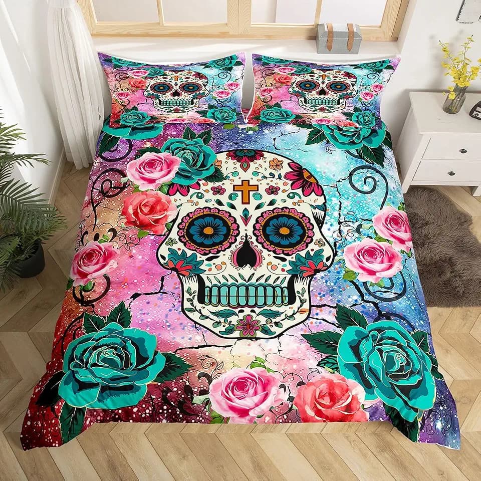 Feelyou Sugar Skull Comforter Cover Set - King Size Teen Girl Bedding Set - Sugar Skull Decor - Skeleton Roses Floral Print Duvet Cover - Soft Bedding Cover - Zipper - 3 Pcs