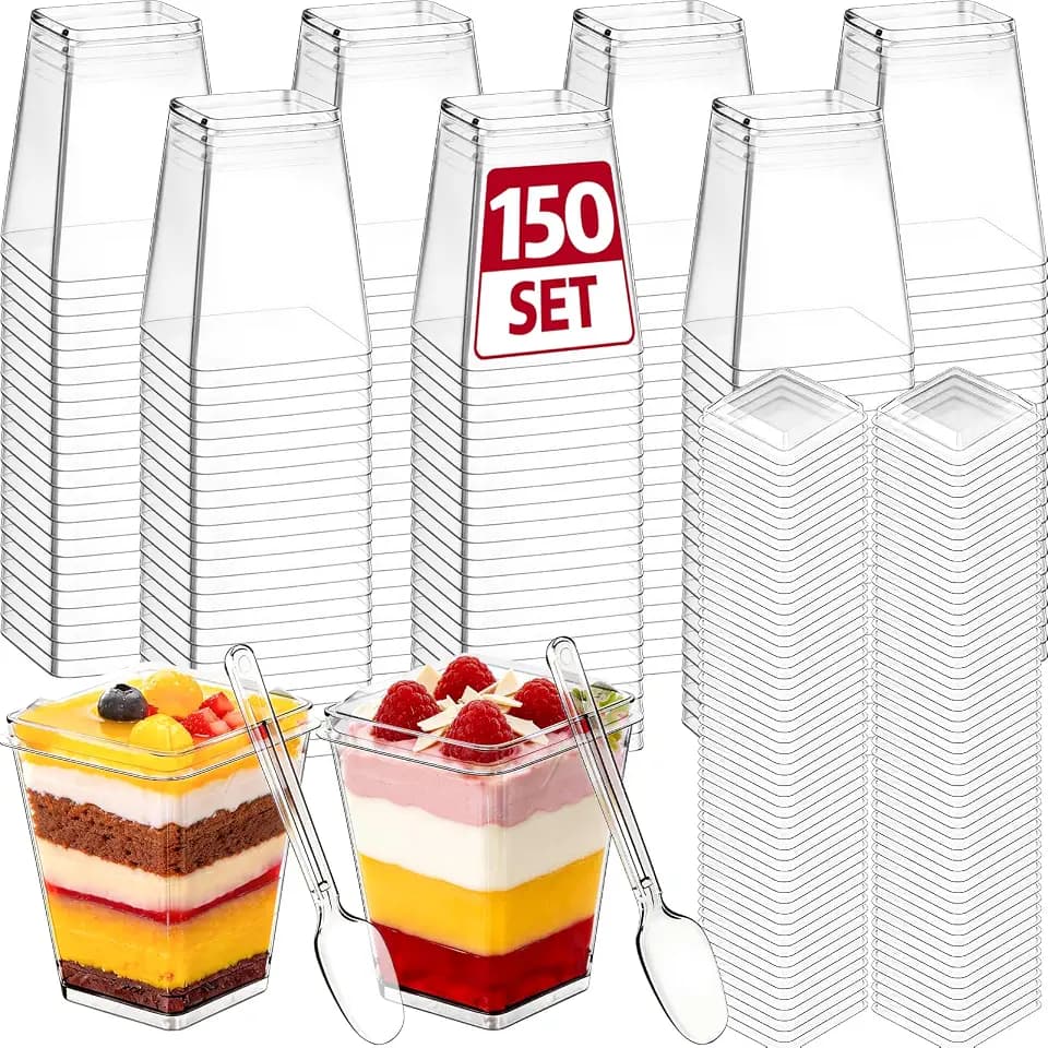 150 Set 5 oz Plastic Dessert Cups with Lids and Spoons, Yogurt Parfait Appetizer Cup with Lids for Party, Disposable Square Mini Dessert Shooters for Pudding, Fruit and Ice Cream