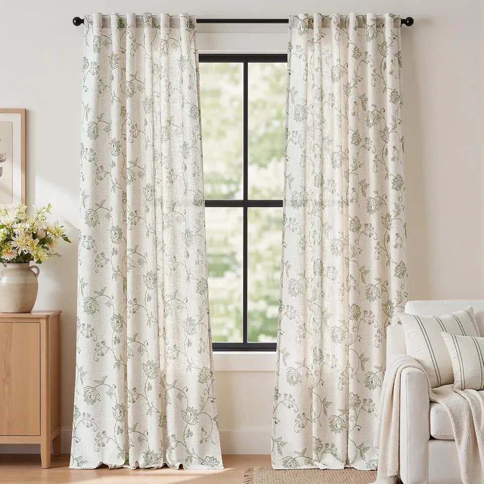 jinchan Green Floral Linen Curtains 96 Inch Vintage Back Tab 2 Panels
