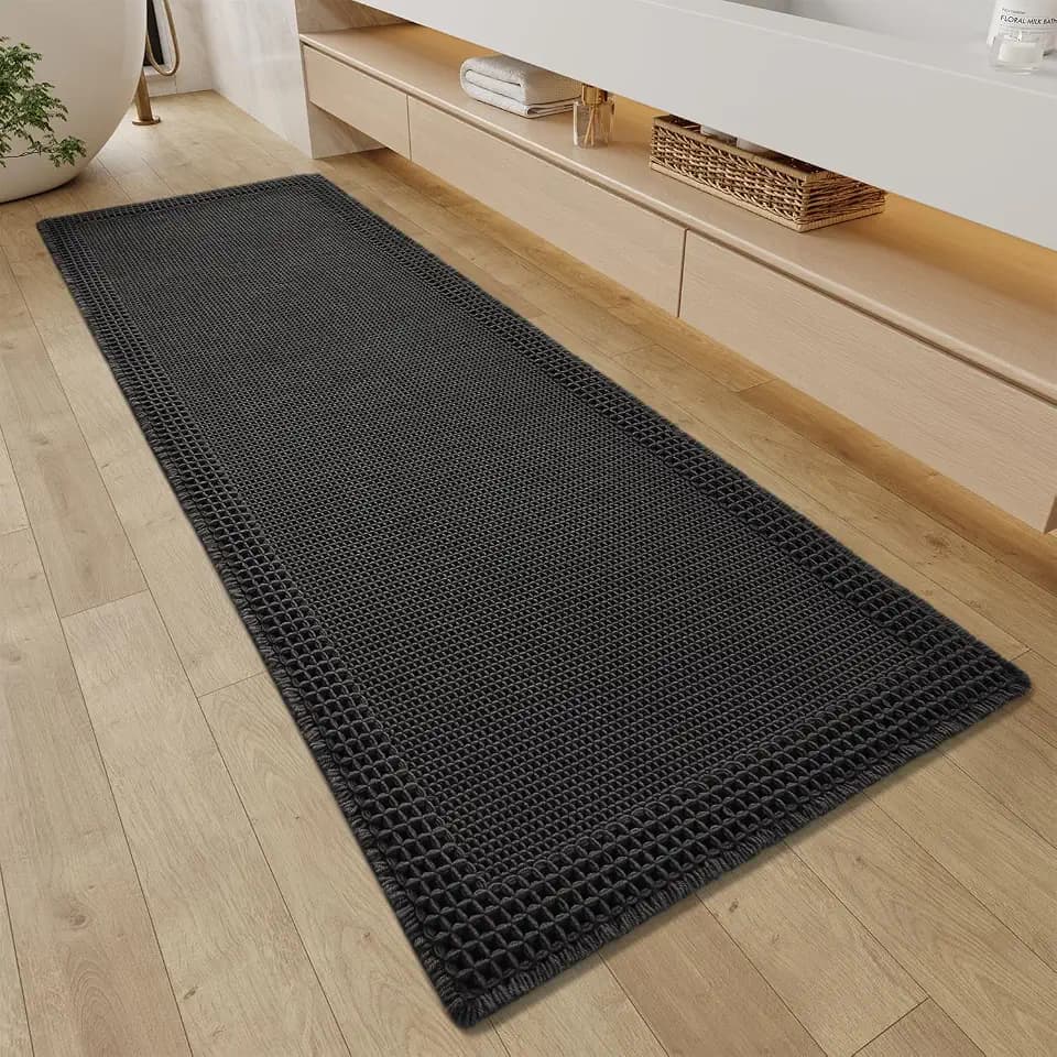 RESARE Waffle Bathroom Runner Rugs, Non Slip Boho Bath Mat 24"x72" Black