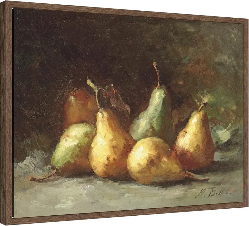Kate and Laurel Framed Canvas Wall Art Print Pears by Hubert Bellis by Nostalgia Prints, 24 x 18 Sylvie Walnut Frame, Traditional, Still Life Art for Wall Decor