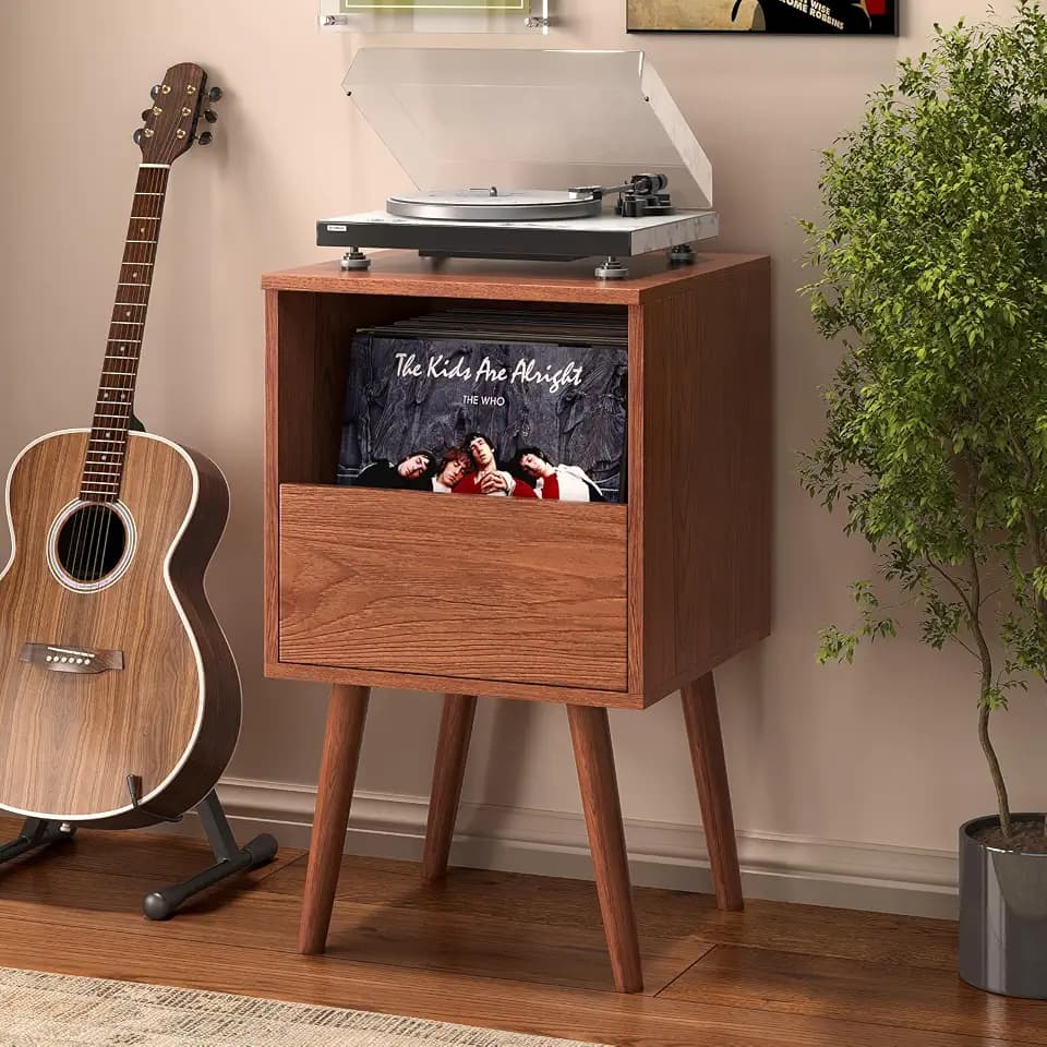 BROTTAR Mid Century Modern Record Player Stand with Vinyl Storage, Brown