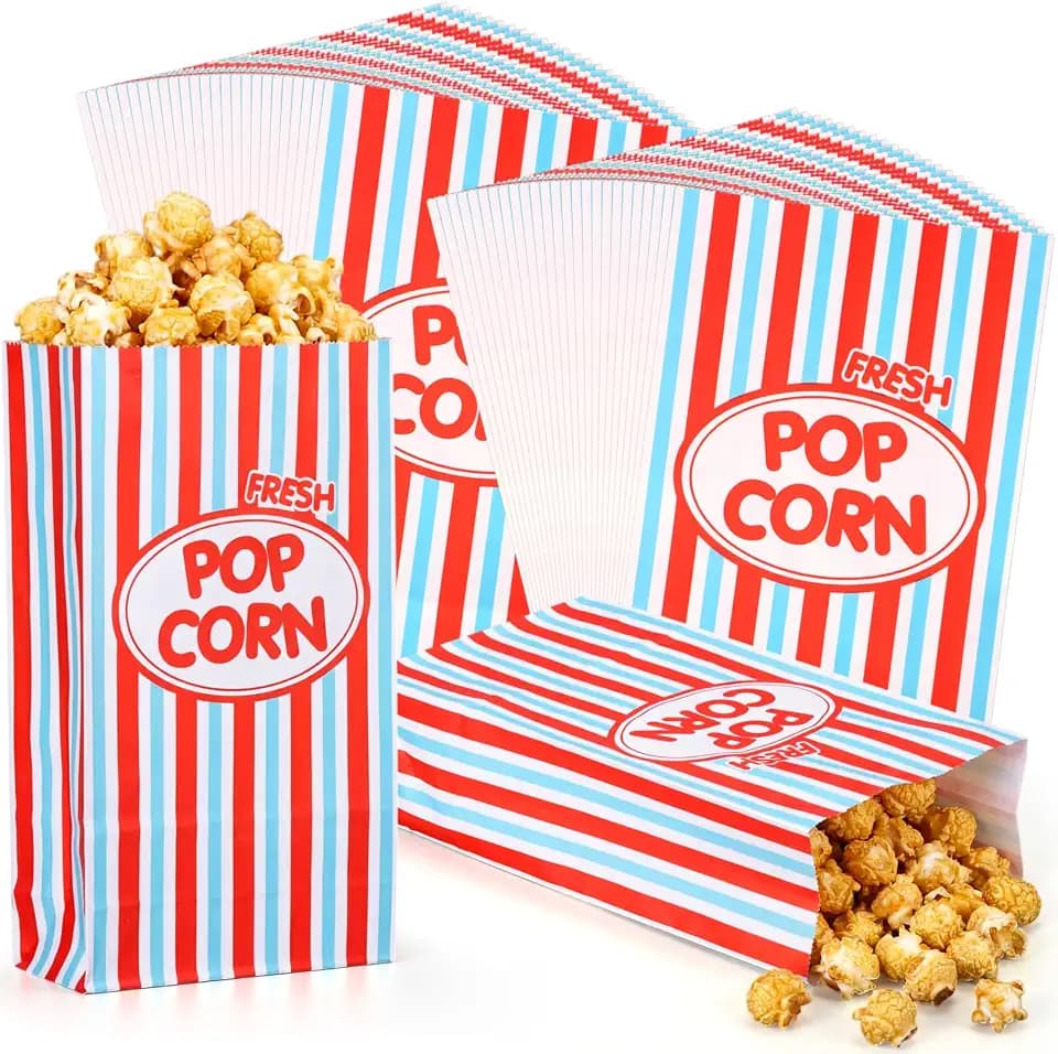 Potchen 200 Pcs Paper Popcorn Bags Bulk 2 oz Large Individual Serving Popcorn Bag Flat Bottom Disposable Container Vintage for Movie Night Themed Summer Back to School Party Carnival (Red Blue)