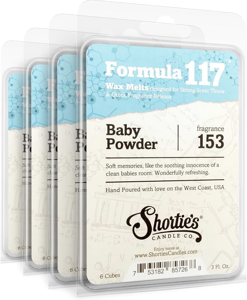 Shortie's Candle Company Baby Powder Premium Wax Melts 4 Pack - 12 Oz., Strong & Long Lasting, Non-Toxic - Made with Essential & Natural Oils - Formula 117