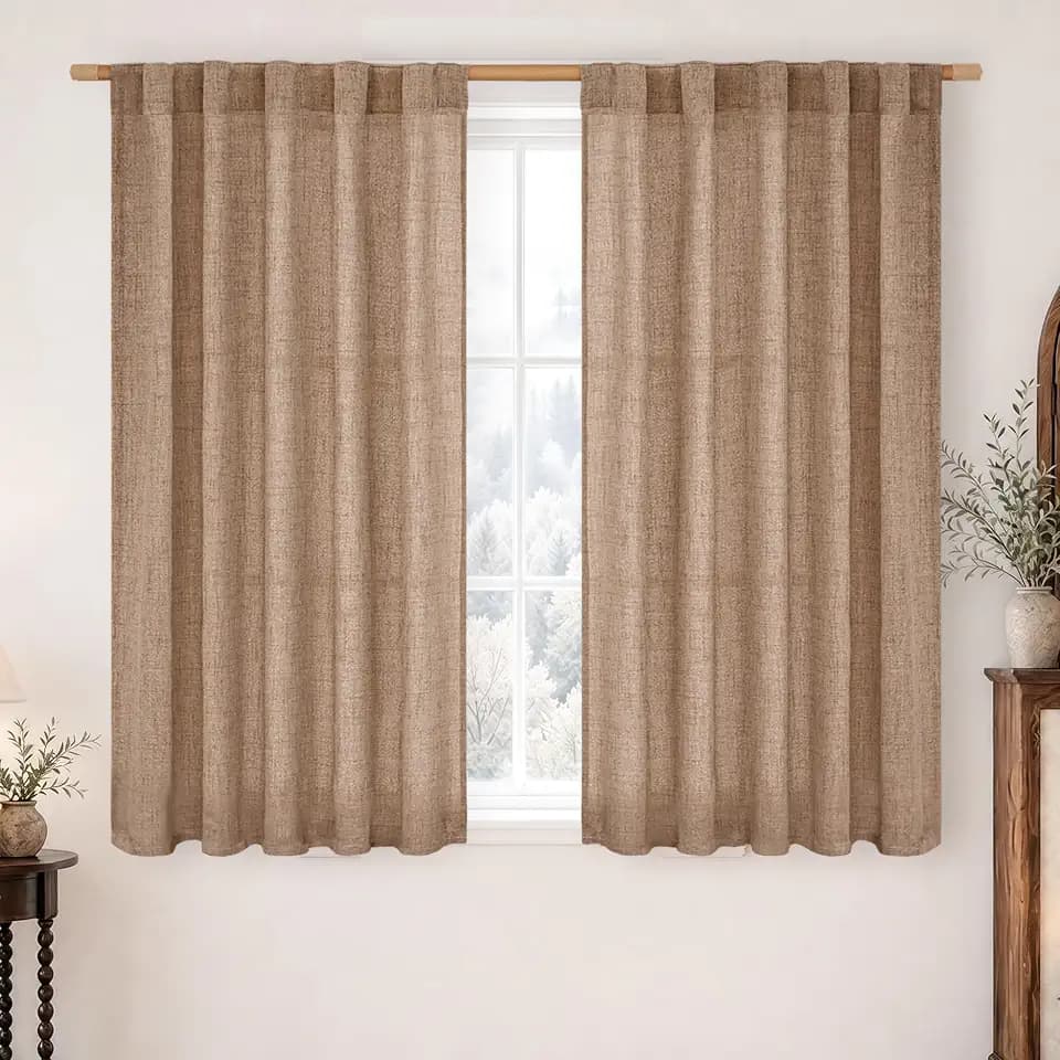 BGment Light Brown Linen Curtains 48 Inches Long for Windows, Short Semi Sheer Drapes Rustic for Bedroom Living Room with Rod Pocket and Back Tab Light Filtering, 2 Panels Set, 42 Inch Wide Each Panel