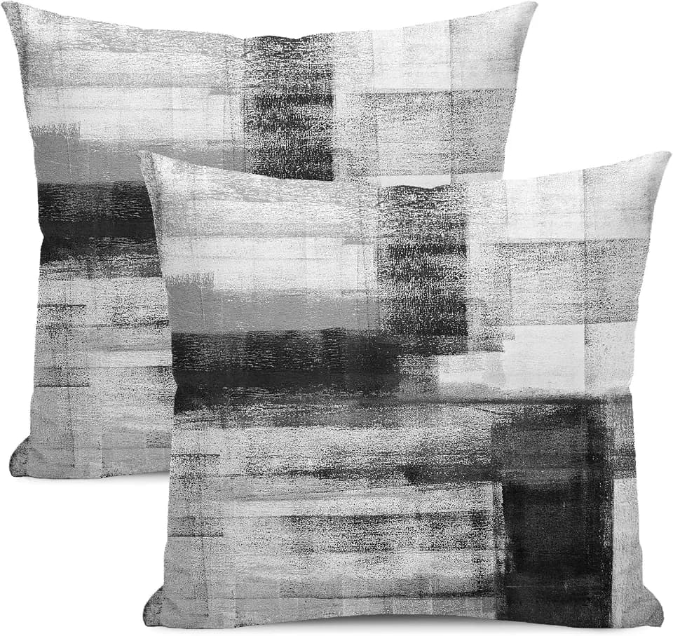 AEIOAE Black Grey White Pillow Covers 24x24 Inch Set of 2,Abstract Art Throw Pillows Case,Modern Geometry Outdoor Decorative Square Linen Farmhouse Decor Cushion Covers for Home Sofa Bed Couch