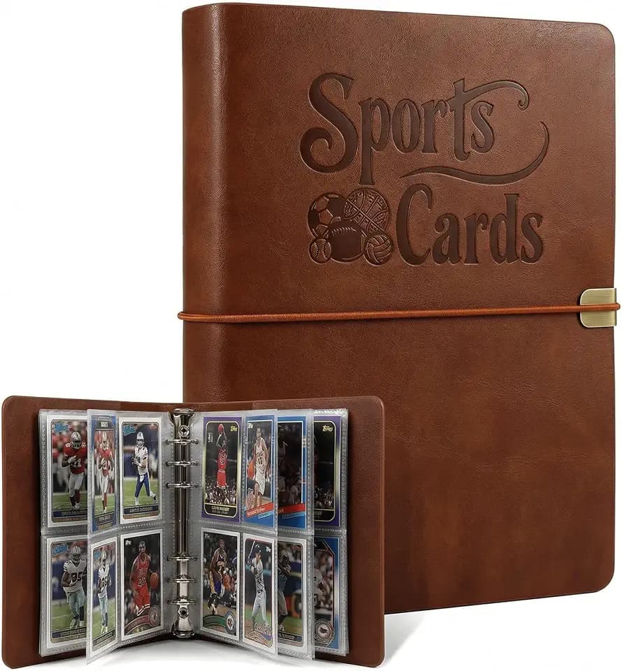 Leather Sports Card Binder with 200 Pockets, 4-Pocket Double-Sided Trading Card Album with 25 Sleeves, 6-Ring Card Collection Folder for Baseball Football Basketball Cards