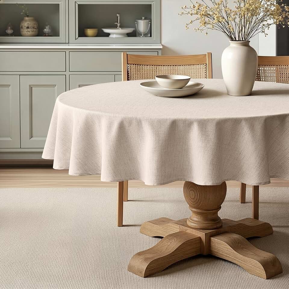 MIULEE Linen Textured 70 Inch Round Tablecloth Ivory